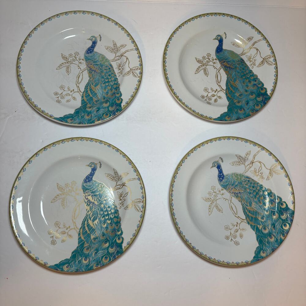 222 Fifth Peacock Garden 6.5" Bread Appetizer Dessert Plates Set of 4 Turquoise